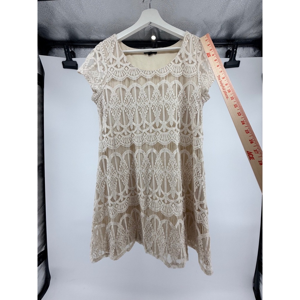 Socialite Cream Lace Mini Dress, Short Sleeve Scalloped Shift Bridal/Beach Large